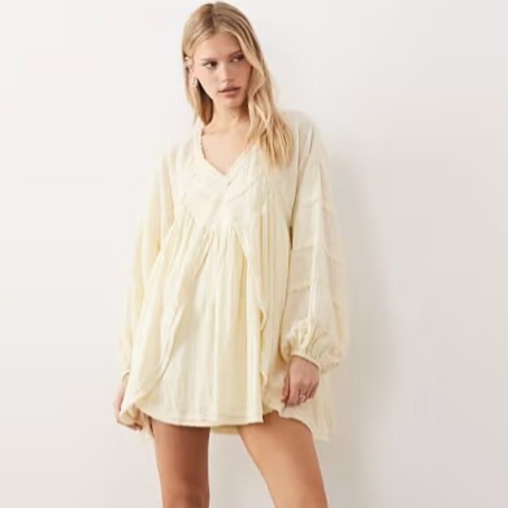NWOT ASOS V Neck Laundered Smock Mini Dress in Washed Lemon
